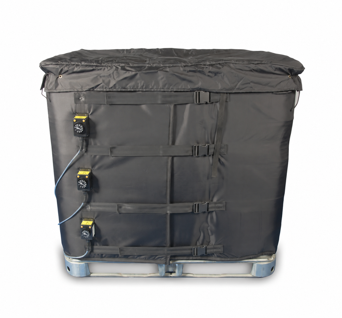 Insulated 1000L IBC heater jacket fitted around an industrial intermediate bulk container