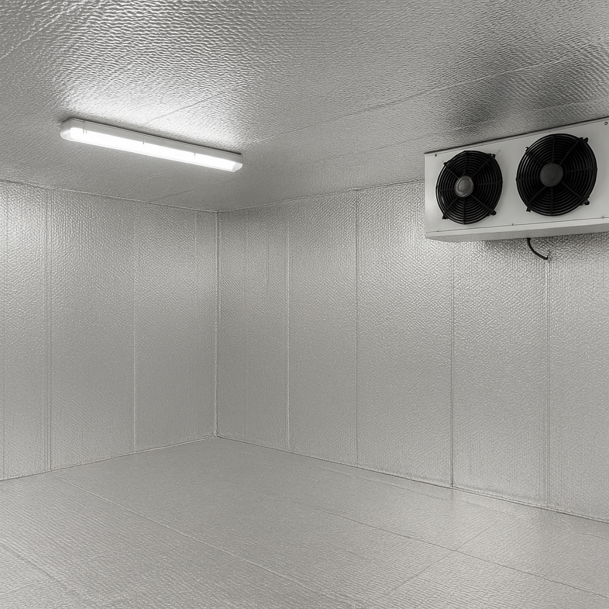 Cold room interior with refrigeration unit on the wall